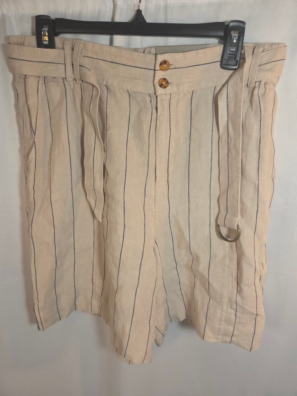 Soft Surroundings Montecito Linen Shorts Navy Tan Pinstripe Belted NWT M(10/12)